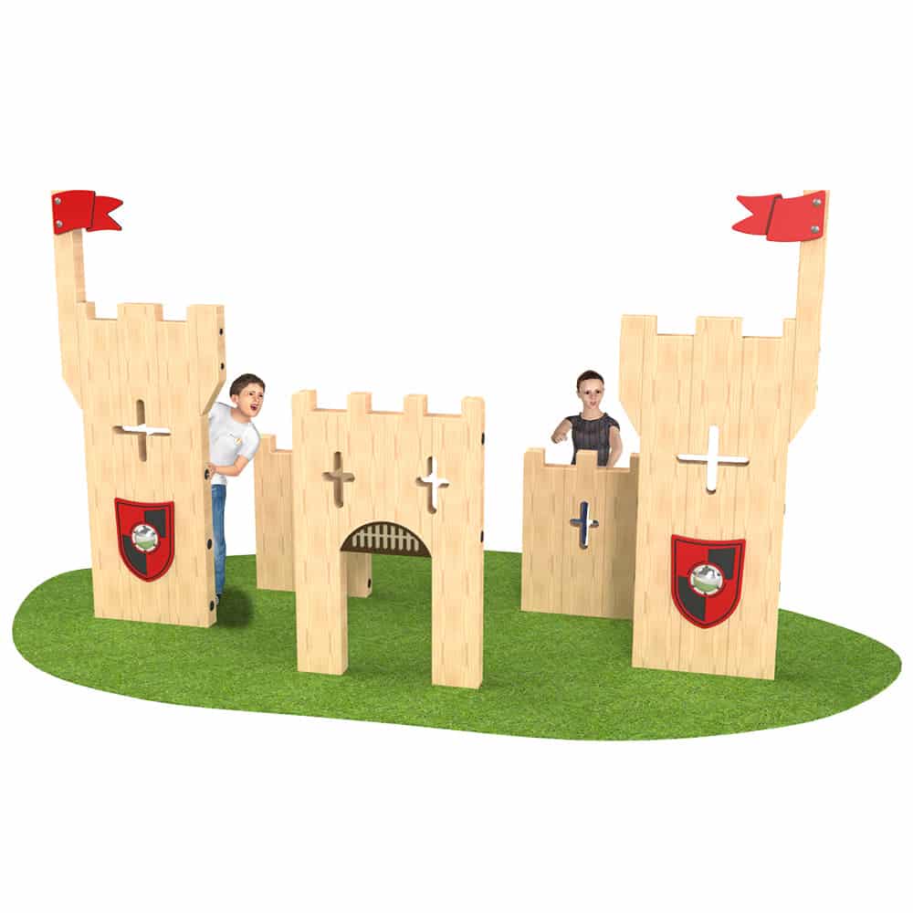 panneaux en bois en forme de chateau pour jeu de role dans une aire de jeu